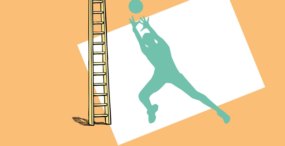 Basketball-player-illustration-ladder-climb-to-top-conceptual-tangerine-color-background